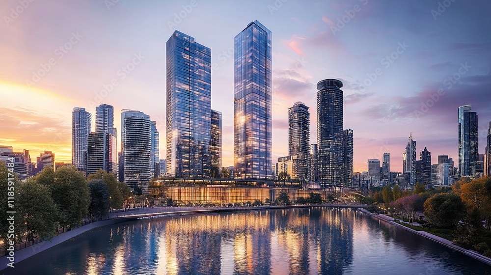 Naklejka premium Contemporary office towers with sleek glass facades, capturing the modern and dynamic architecture of cityscapes with high-rise buildings and reflective surfaces.