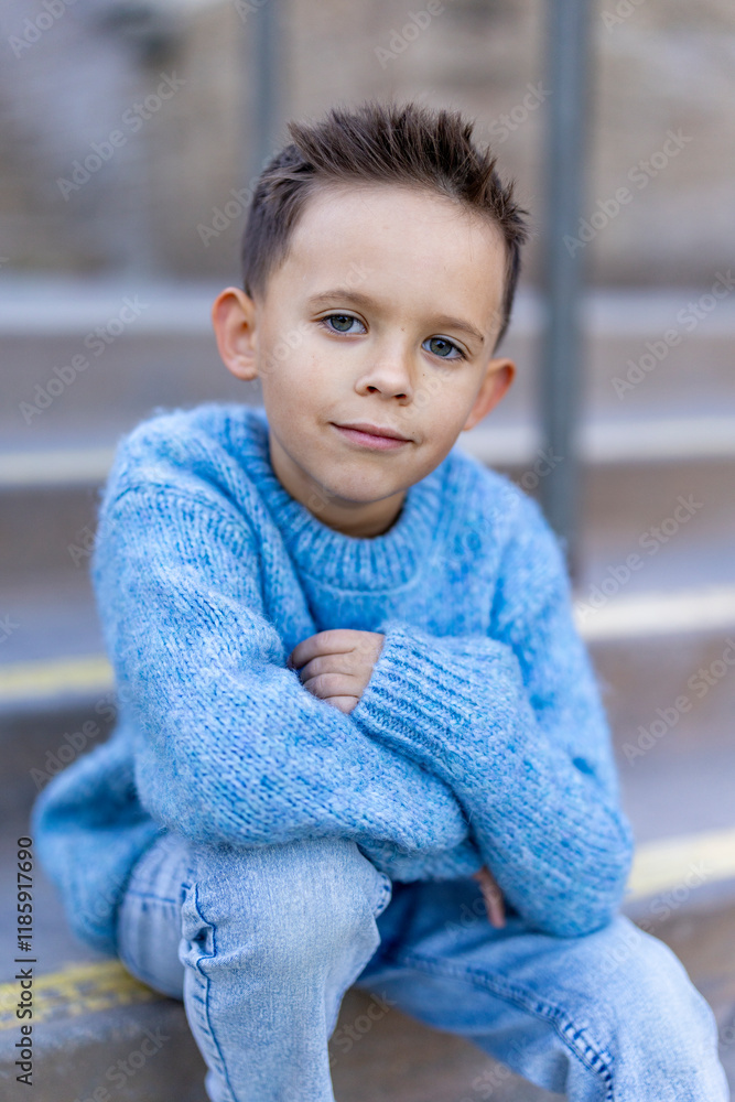 A charming portrait of a young boy in a cozy blue sweater, sitting on steps. He exudes confidence and innocence, ideal for childrens fashion and lifestyle themes, capturing the essence of youth A charming portrait of a young boy in a cozy blue sweater, sitting on steps. He exudes confidence and innocence, ideal for childrens fashion and lifestyle themes, capturing the essence of youth