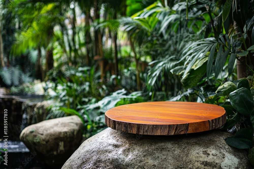 Tropical garden wooden display, product showcase, nature backdrop Tropical garden wooden display, product showcase, nature backdrop
