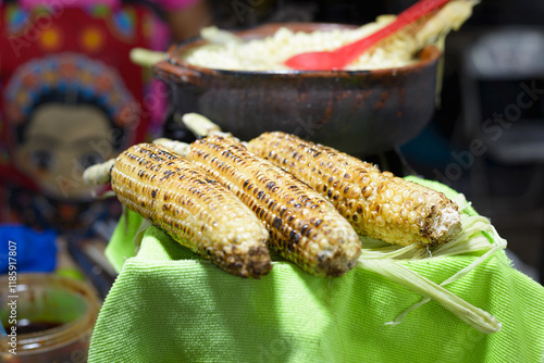 Obraz na plátne Elote roasted on charcoal at a street food stall in Mexico