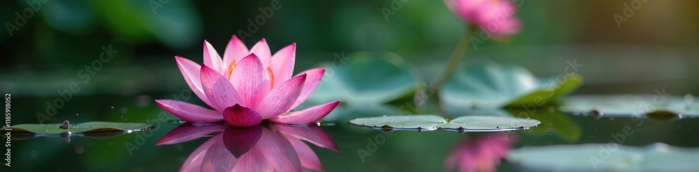 Twin pink lotuses rise from the pond's surface softly, gentle, water Twin pink lotuses rise from the pond's surface softly, gentle, water