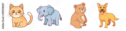 Illustration of Domestic and Wild Animals A playful illustration featuring a cat, elephant, bear, and dog, combining domestic pets and wild animals in a cute design. 