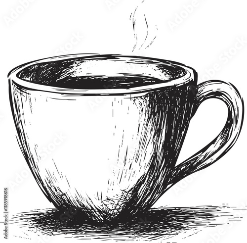 Hand-drawn sketch of a steaming coffee cup in black and white.