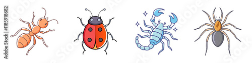 Illustration of Insects and Arachnids  - A detailed illustration featuring an ant, ladybug, scorpion, and spider, showcasing a variety of insects and arachnids in colorful designs. 
