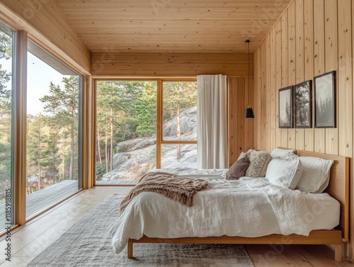 Wooden bedroom with large w...