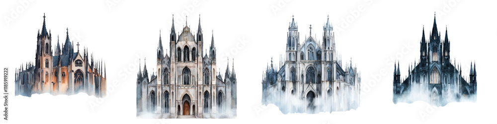 Dramatic and Moody Landscape with Gothic Medieval Castles Cathedrals and Spires Rising from the Fog and Clouds Mystical Architectural Landmarks and Backdrops Dramatic and Moody Landscape with Gothic Medieval Castles Cathedrals and Spires Rising from the Fog and Clouds Mystical Architectural Landmarks and Backdrops