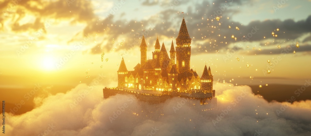 Fototapeta premium Enchanting castle on a cloud at sunset.