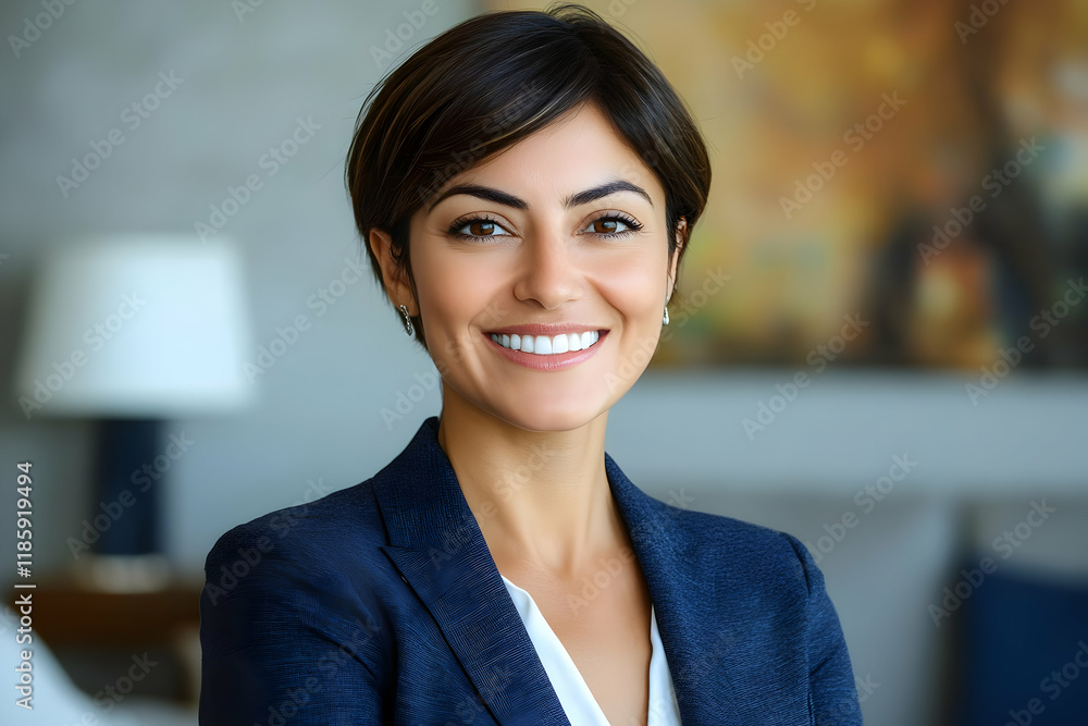 Businesswoman Smiles Confidently in Office Setting Businesswoman Smiles Confidently in Office Setting