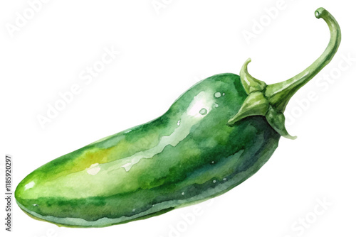 Watercolor jalapeno pepper, vibrant green color, fresh vegetable illustration, culinary art, food design.