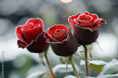 A deep red winter roses velvety and tipped with frost, appearing resilient against the cold. by an intense moonlight that creates a subtle lens flare photo