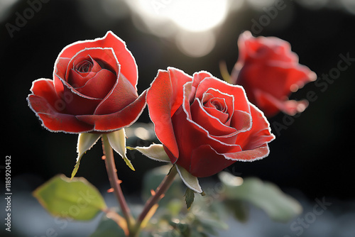 A deep red winter roses velvety and tipped with frost, appearing resilient against the cold. by an intense moonlight that creates a subtle lens flare photo