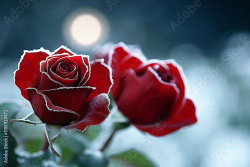 A deep red winter roses velvety and tipped with frost, appearing resilient against the cold. by an intense moonlight that creates a subtle lens flare photo