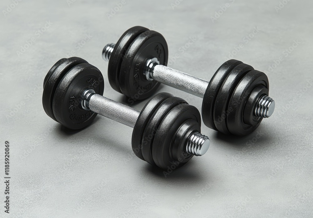Black dumbbells on gray concrete, ideal for gym or fitness themes, vintage style, ample copy space for branding or messaging. Black dumbbells on gray concrete, ideal for gym or fitness themes, vintage style, ample copy space for branding or messaging.