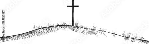 Silhouette of a cross on a hilltop in a minimalist style.