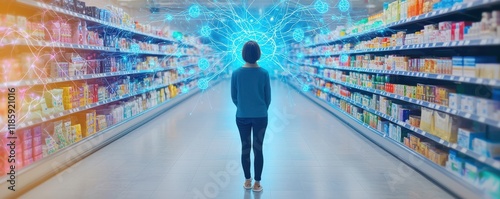 A person stands in a grocery aisle, surrounded by vibrant product displays and a glowing, dynamic background.
