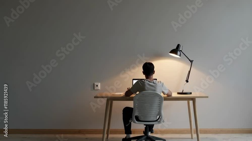 Young Boy Working at Desk with Laptop Footage in Minimalist Room