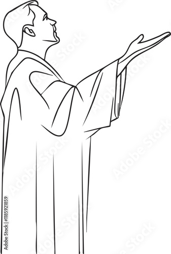 Line art of a priest raising hands in prayerful gesture.