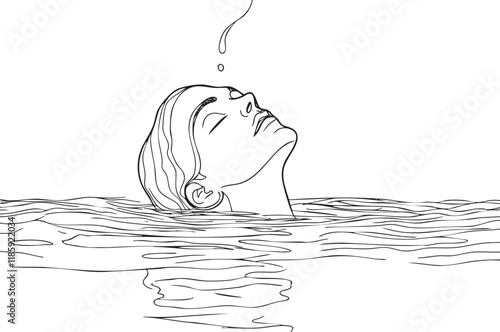 Minimalist line art of a woman's face floating in water.