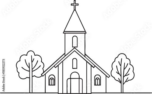 Outline drawing of a church with trees and a cross on top.