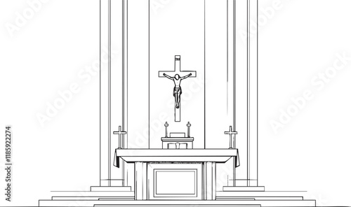 Line art illustration of a church altar with a crucifix and candles.