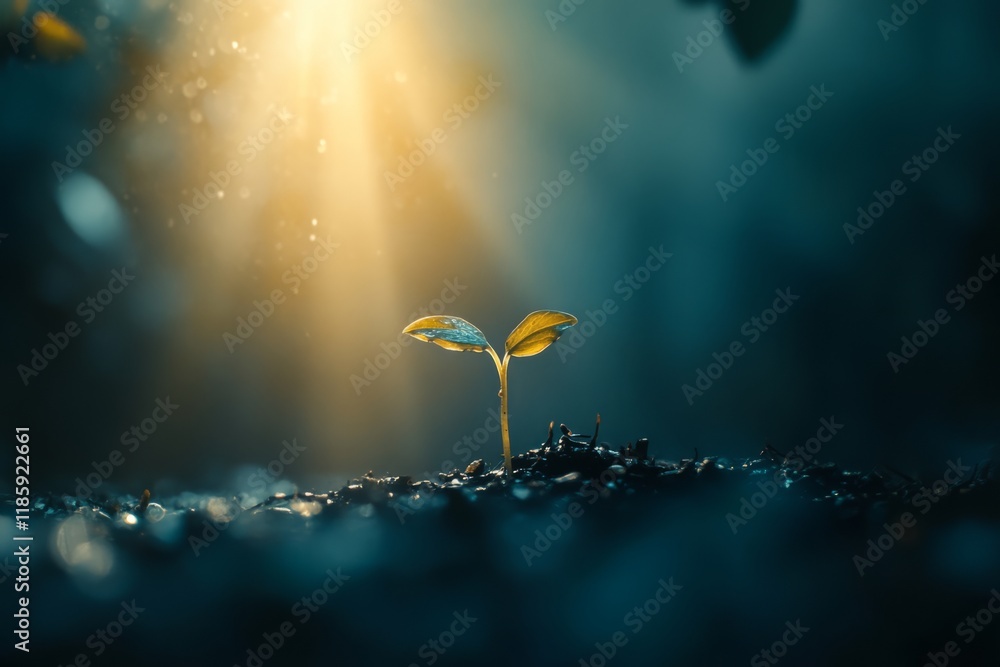 Obraz premium a seed sprouting from the ground, warm ray of light