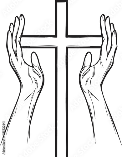 Illustration of hands raised in prayer around a cross, symbolizing faith.