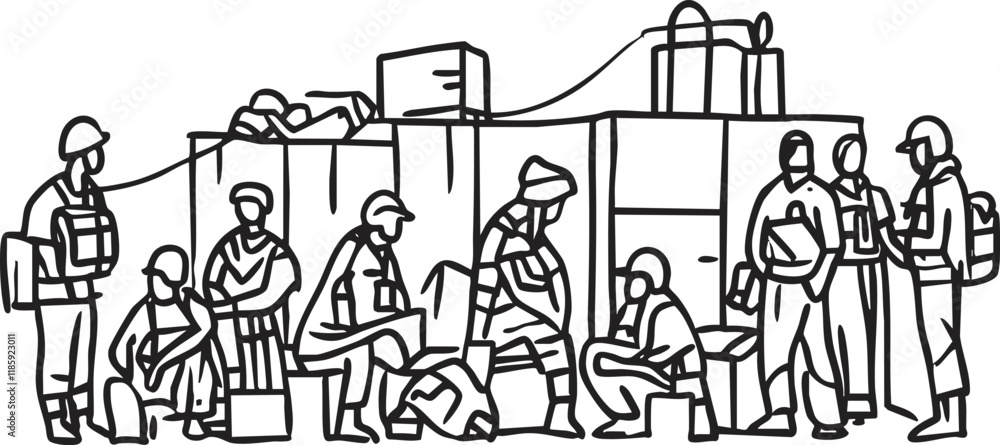 Black and white line art of construction workers on a worksite. Black and white line art of construction workers on a worksite.