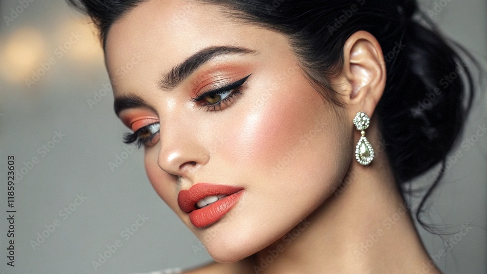 Fototapeta premium Portrait of a beautiful woman. Glamorous woman, model of female face. Young with makeup, bright lips. Attractive eye makeup, style of nice lady. Close-up of black hair, bright makeup. Advertisement.