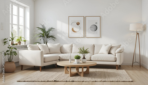 Bright modern living room interior with clean minimalist design and stylish furniture.