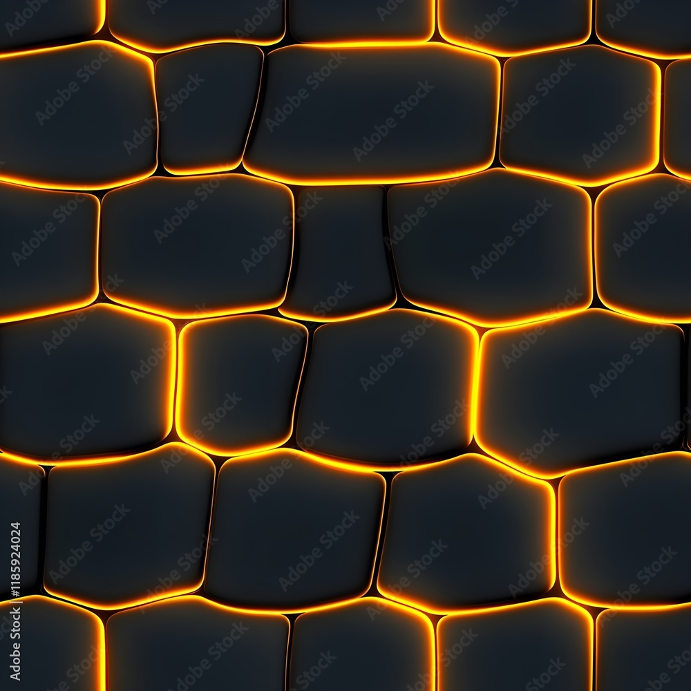 Obraz premium A striking, geometric pattern of dark gray stones, seemingly interlocking, with glowing orange outlines.
