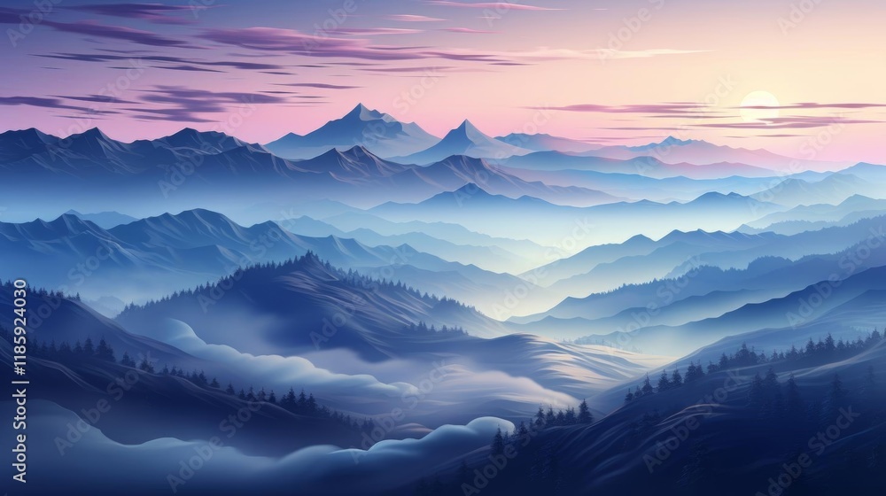 A mountain range with a blue sky and a sun in the background A mountain range with a blue sky and a sun in the background
