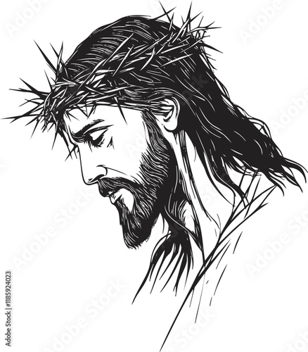 Black and white sketch of Jesus with crown of thorns.