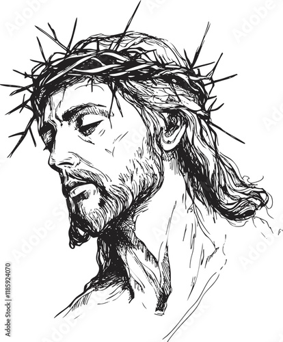 Illustration of Jesus Christ with a crown of thorns in pen drawing.