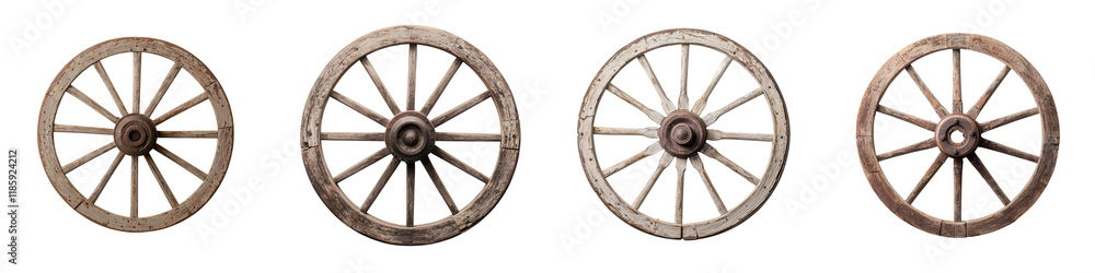Close up view of antique weathered wooden wagon wheels in a pastoral rustic countryside setting Vintage retro design elements with circular spokes and aged textured wooden rims Close up view of antique weathered wooden wagon wheels in a pastoral rustic countryside setting Vintage retro design elements with circular spokes and aged textured wooden rims
