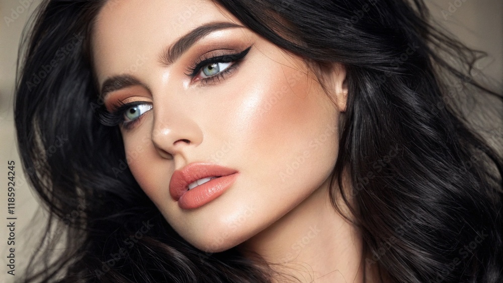 Portrait of a beautiful woman. Glamorous woman, model of female face. Young with makeup, bright lips. Attractive eye makeup, style of nice lady. Close-up of black hair, bright makeup. Advertisement.