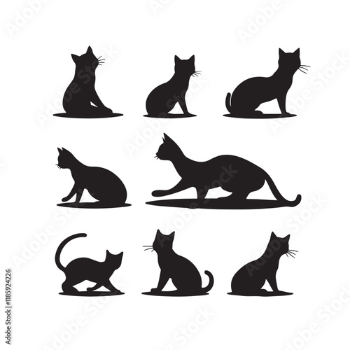 Set of Cat Silhouette Poses - Vector Illustration