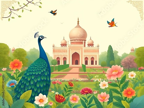 Mughal traditional garden with peacock, bird, flower and temple pattern illustration