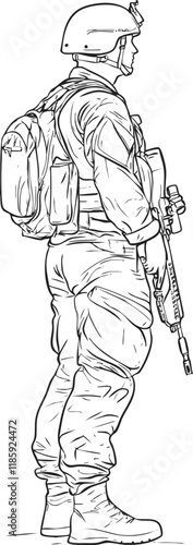 Lineart illustration of a soldier standing with a rifle and backpack.