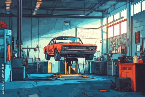 interior of auto repair workshop, auto repair shop with a car on lifting stands, Mechanic repairing Car