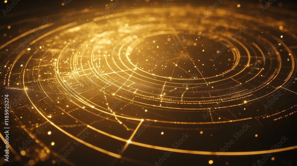 Fototapeta premium Golden Abstract Circular Network: Digital Art Visualization of a Futuristic Technological System