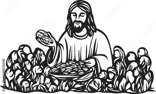 Illustration of Jesus performing the miracle of loaves and fishes.