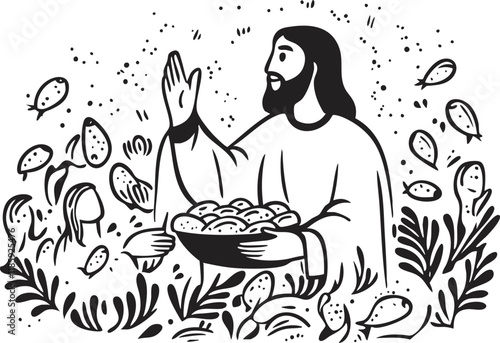 Illustration of Jesus performing the miracle of loaves and fishes.