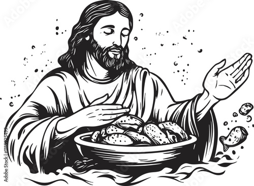 Black and white illustration of Jesus performing the miracle of loaves.