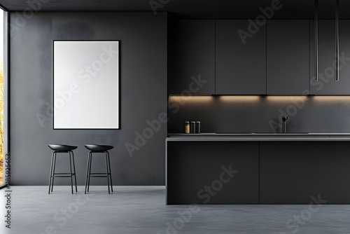 Modern dark kitchen, blank poster, autumn view photo