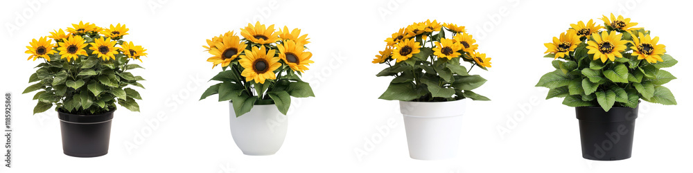 Obraz premium Collection of Bright and Vibrant Sunflower Plants in Ceramic Pots and Vases Arranged Together on a White Background Concept of Floral Summer Garden