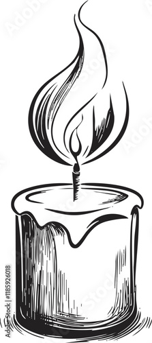 Illustration of a candle with a burning flame in black and white.