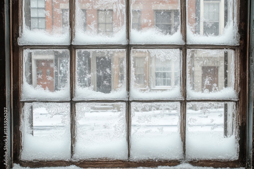 A cozy window view with snow-covered panes, showcasing a serene winter scene outside. A cozy window view with snow-covered panes, showcasing a serene winter scene outside.