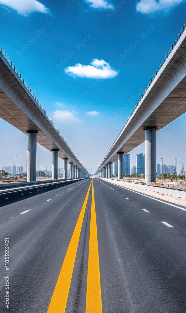 Naklejka premium Scenic View of Open Highway Under Bridge with Blue Sky and Clouds in Urban Landscape