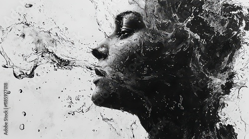 Monochrome portrait of a woman's face, seemingly emerging from or dissolving into water splashes. photo