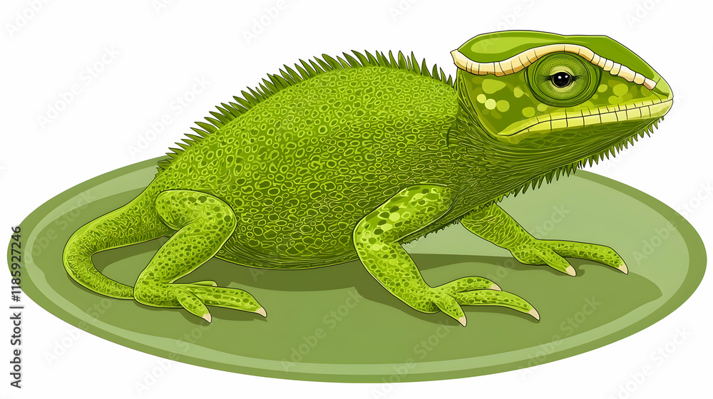 Fototapeta premium Green chameleon posing on leaf, isolated, digital illustration, vibrant color, nature background.